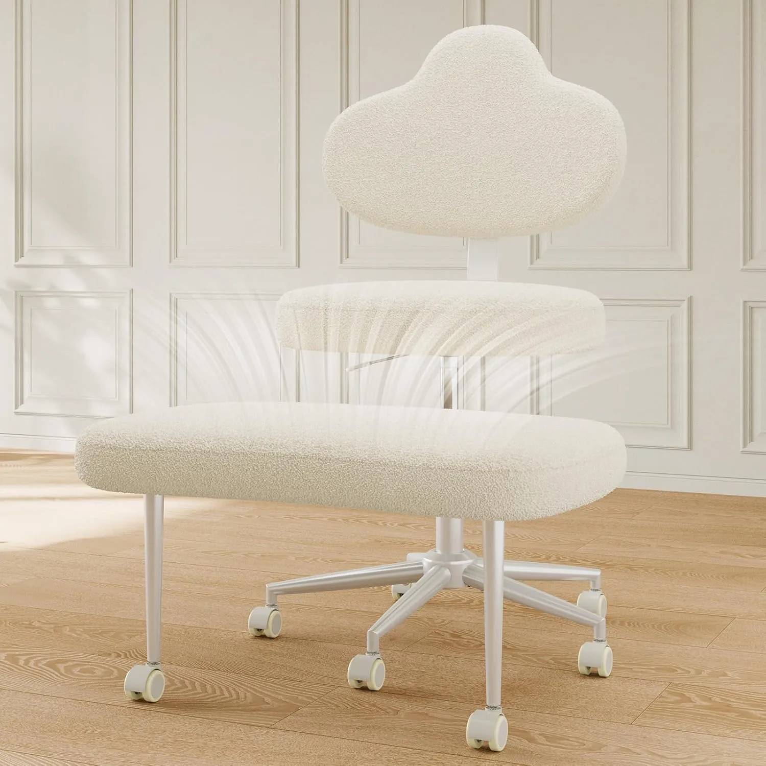 Cross Legged Office Chair with Wheels, Meditation Chair, ADHD Chair for Adults, Wider Criss Cross Chair, Height Adjustable Backrest and Seat, Yoga Office Chair, Teddy Fabric, Off White