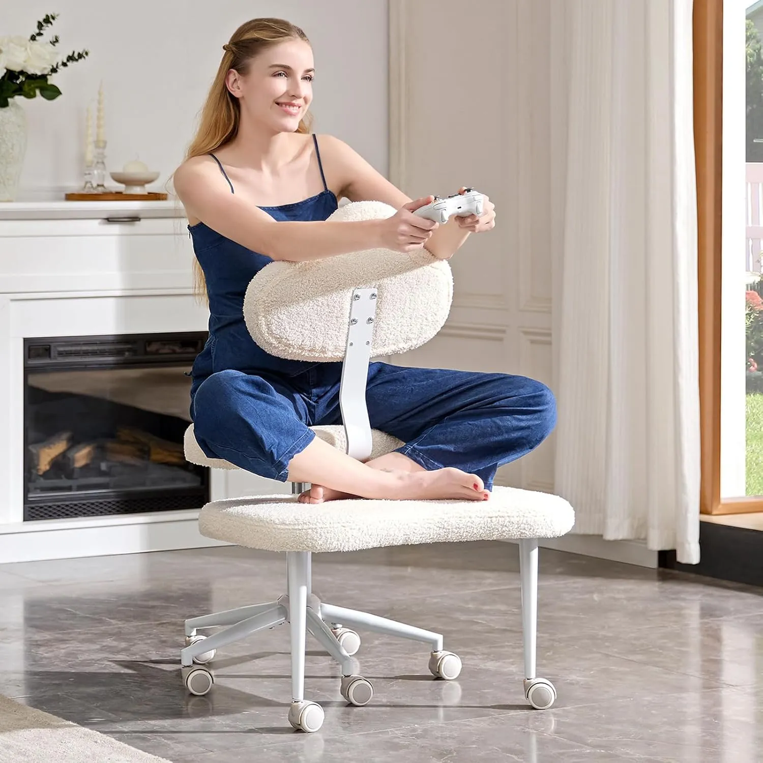 Cross Legged Office Chair with Wheels, Meditation Chair, ADHD Chair for Adults, Wider Criss Cross Chair, Height Adjustable Backrest and Seat, Yoga Office Chair, Teddy Fabric, Off White