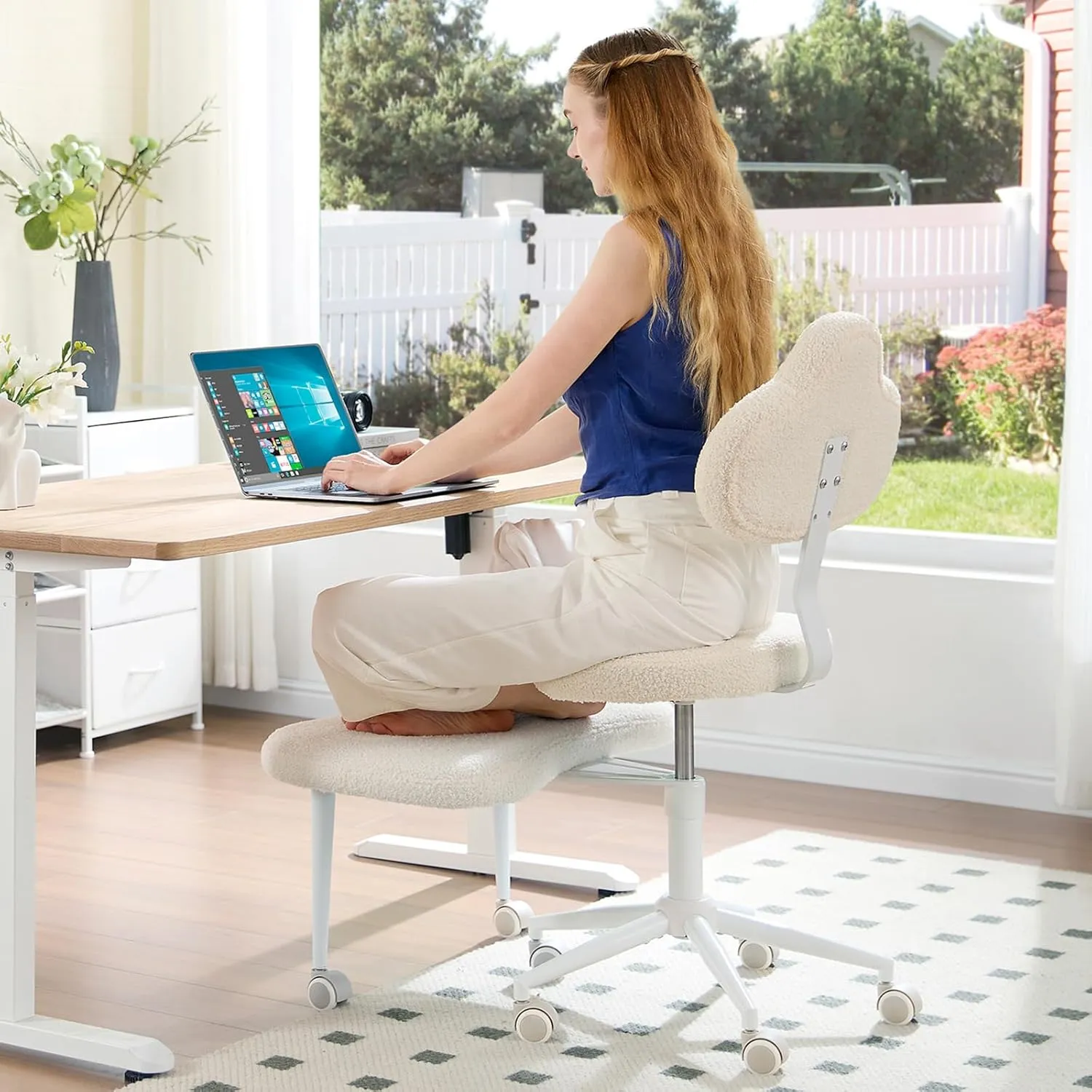 Cross Legged Office Chair with Wheels, Meditation Chair, ADHD Chair for Adults, Wider Criss Cross Chair, Height Adjustable Backrest and Seat, Yoga Office Chair, Teddy Fabric, Off White