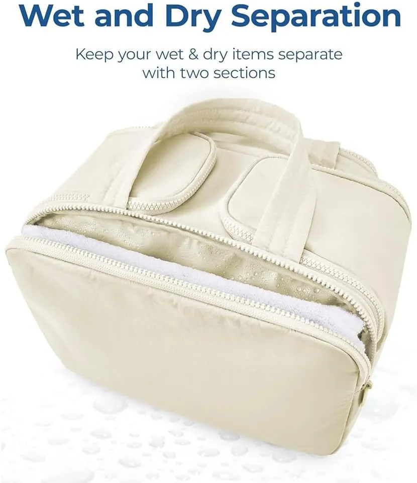 Cureaway Travel Cosmetic Bag, Cureaway Large Capacity Wide-Open Travel Cosmetic Bag, Travels Makeup Bags, Waterproof Portable Pouch Open Flat Toiletry Bags, for Women With Divider And Handle (Blue)