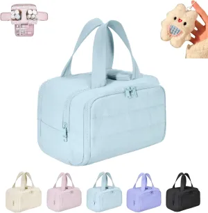 Cureaway Travel Cosmetic Bag, Cureaway Large Capacity Wide-Open Travel Cosmetic Bag, Travels Makeup Bags, Waterproof Portable Pouch Open Flat Toiletry Bags, for Women With Divider And Handle (Blue)