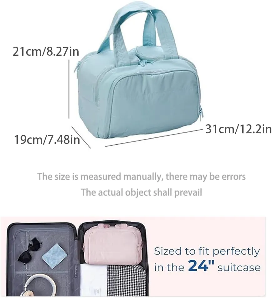 Cureaway Travel Cosmetic Bag, Cureaway Large Capacity Wide-Open Travel Cosmetic Bag, Travels Makeup Bags, Waterproof Portable Pouch Open Flat Toiletry Bags, for Women With Divider And Handle (Blue)