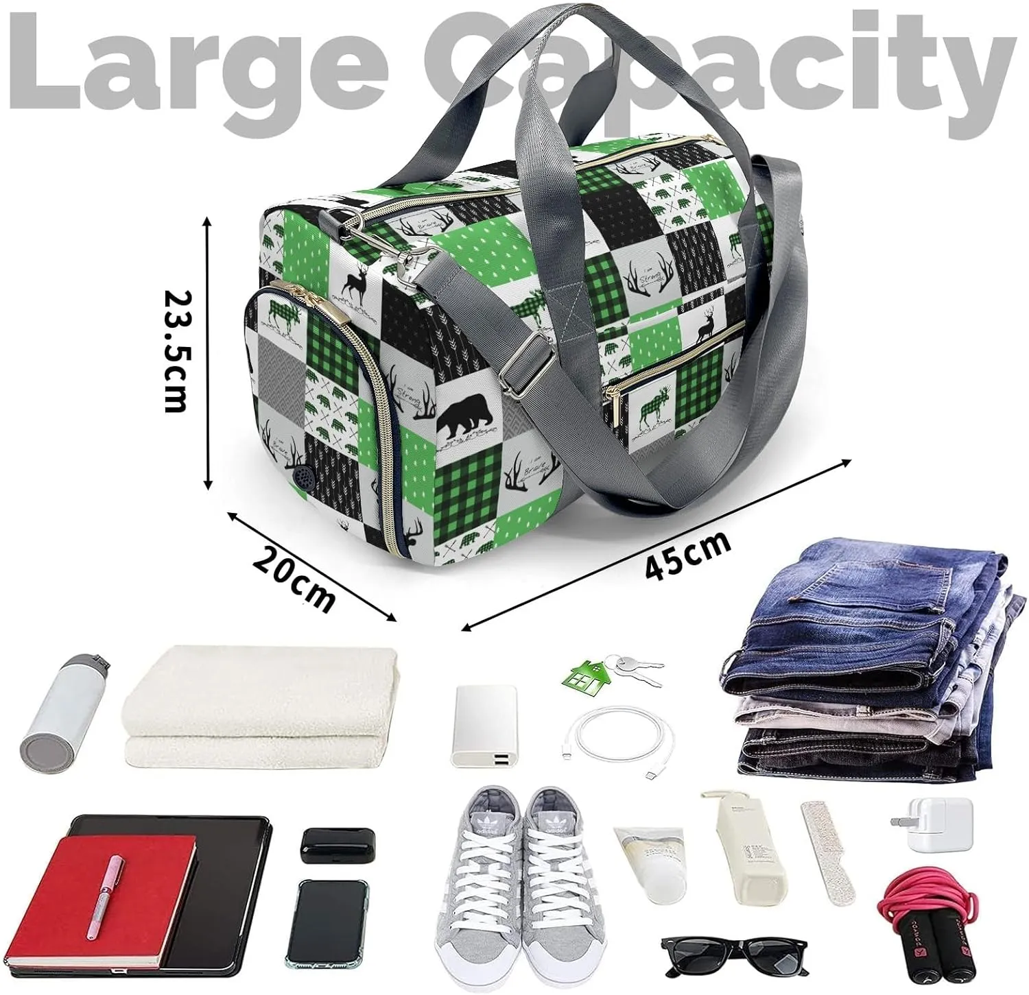 Custom Duffel Bag Woodland Deer Bear Plaid Compact and Convenient: Fitness Bags for the Modern Traveler