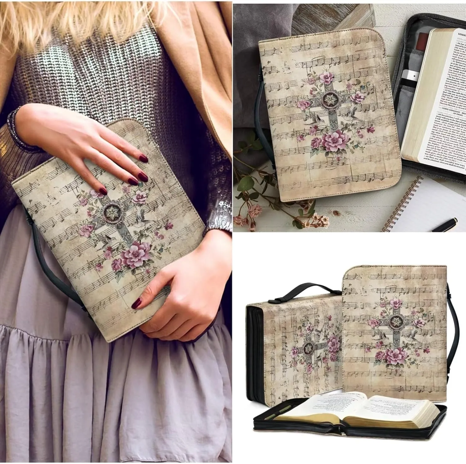 Customized Faith Cross Bible Cover Words Printed Bible Case Holy Cover Case Handbag Handle Zippered Pocket Bible Covers Bookmark 2pcs Set
