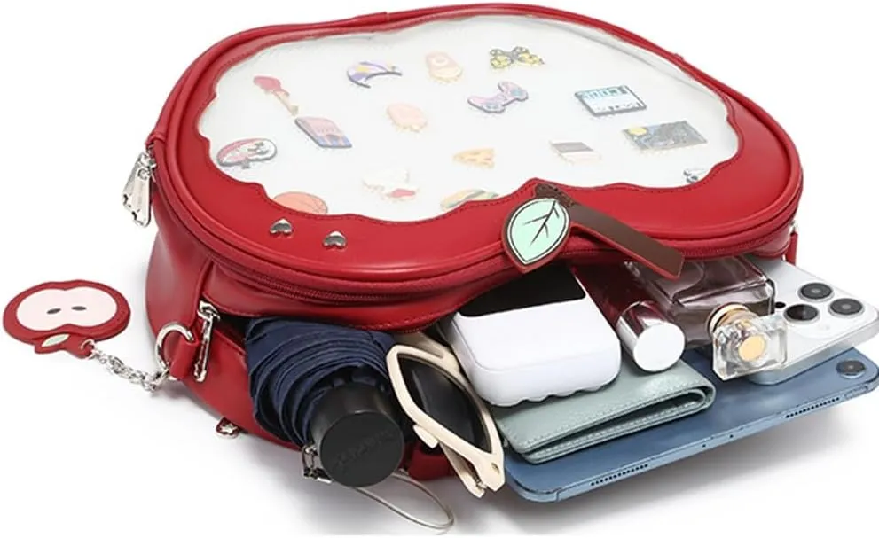 Cute Apple Ita Bag Badges Pins Display Backpack PU Leather Y2k Shoulder Bag Handbag with Mesh Insert Pad (Red, Large)