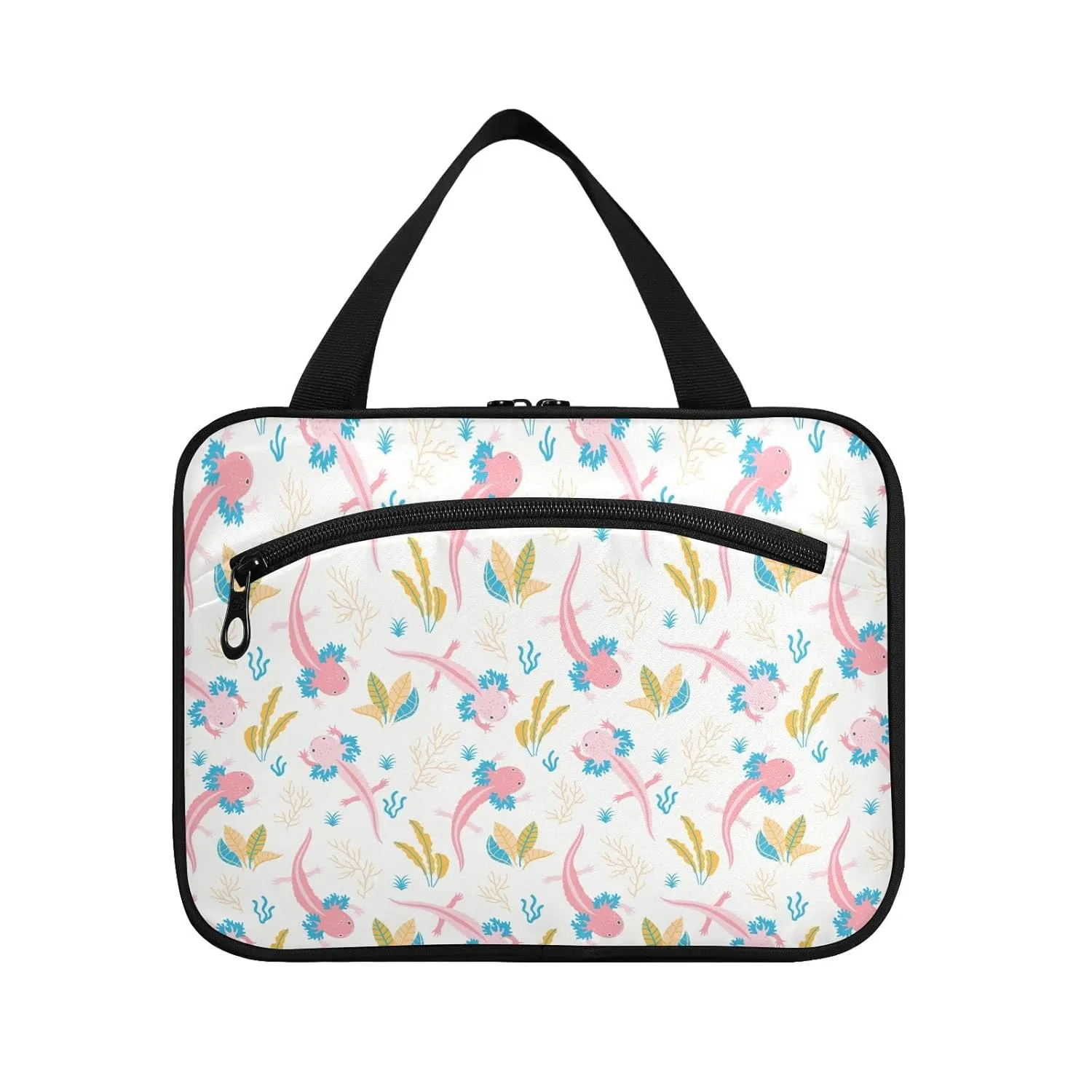 Cute Pink Swimming Axolotls Sea Plants Coral Reef on Light Pink 1 PC Hanging Travel Wash bag with Handles, Portable Makeup Organizer Brush Storage Case Portable Travel Cosmetic with Hook L
