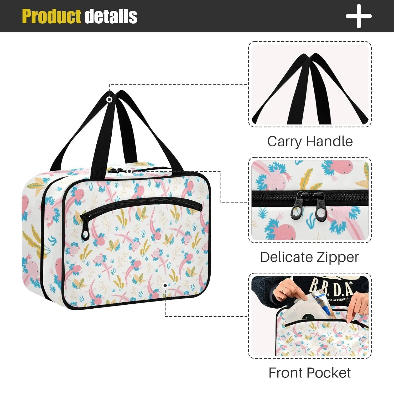 Cute Pink Swimming Axolotls Sea Plants Coral Reef on Light Pink 1 PC Hanging Travel Wash bag with Handles, Portable Makeup Organizer Brush Storage Case Portable Travel Cosmetic with Hook L