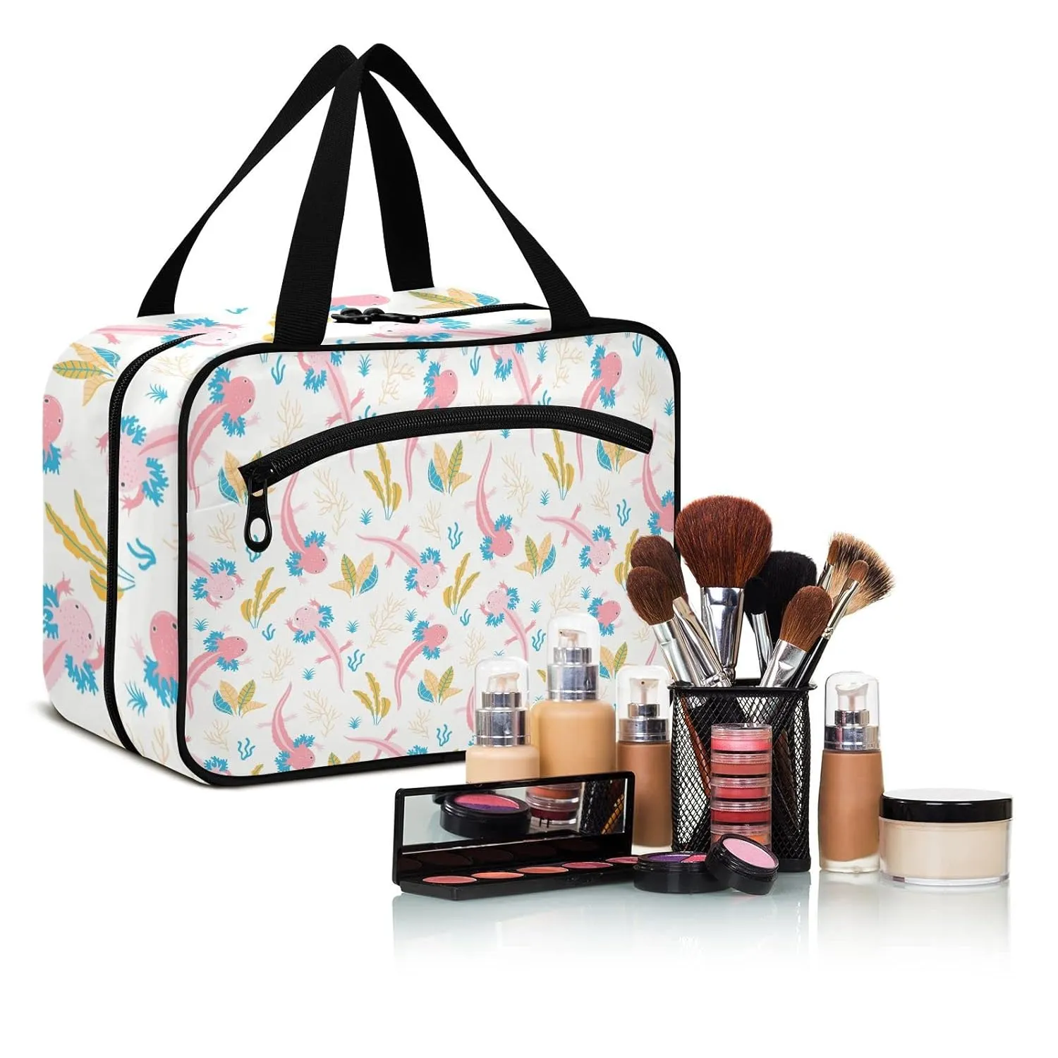 Cute Pink Swimming Axolotls Sea Plants Coral Reef on Light Pink 1 PC Hanging Travel Wash bag with Handles, Portable Makeup Organizer Brush Storage Case Portable Travel Cosmetic with Hook L