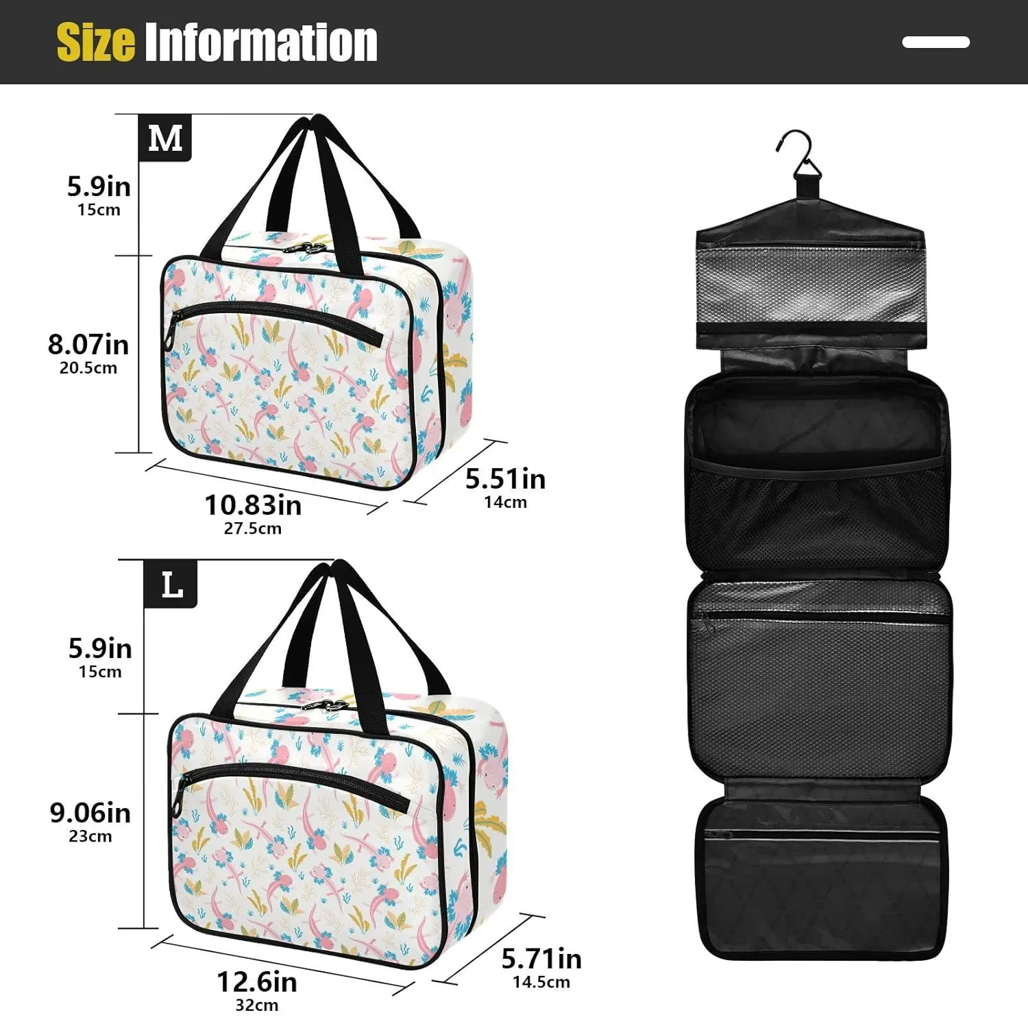 Cute Pink Swimming Axolotls Sea Plants Coral Reef on Light Pink 1 PC Hanging Travel Wash bag with Handles, Portable Makeup Organizer Brush Storage Case Portable Travel Cosmetic with Hook L