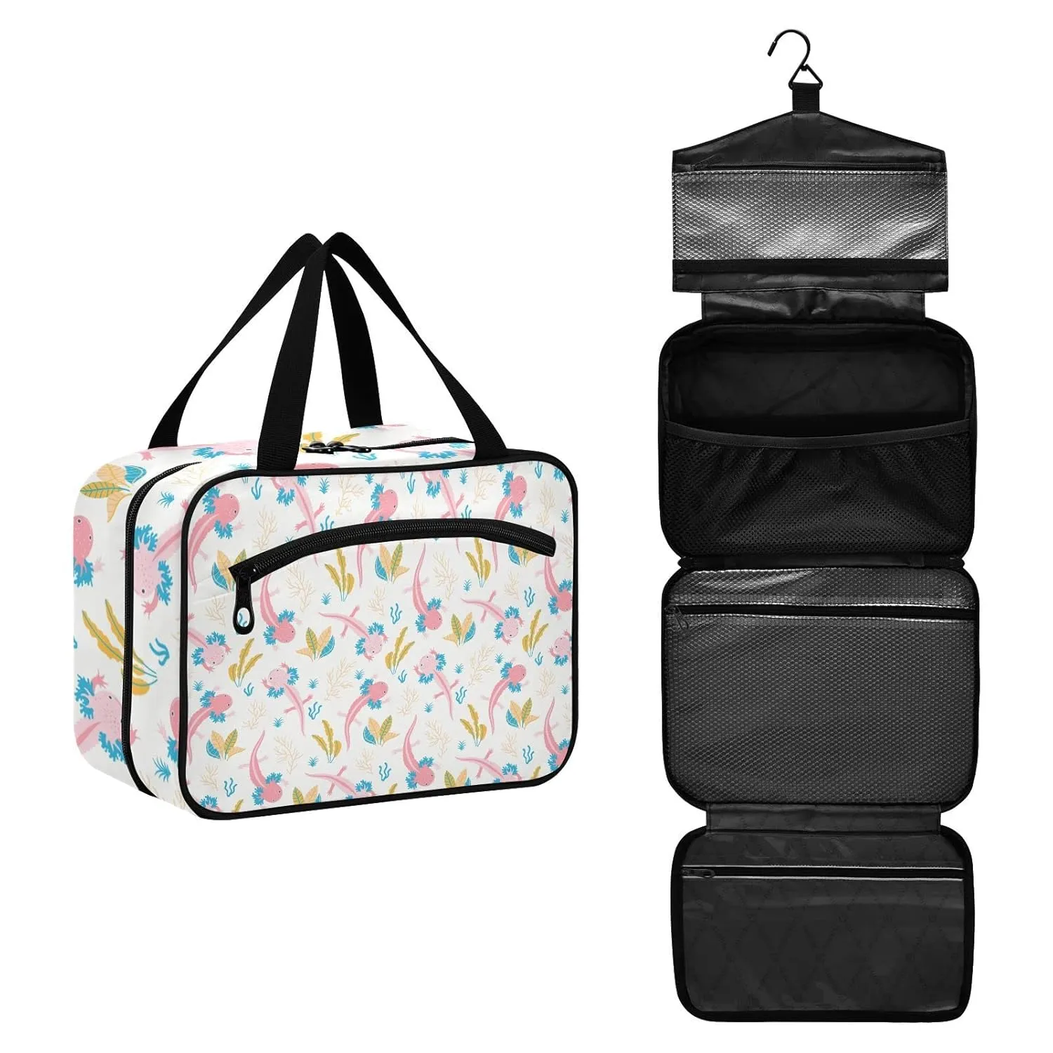 Cute Pink Swimming Axolotls Sea Plants Coral Reef on Light Pink 1 PC Hanging Travel Wash bag with Handles, Portable Makeup Organizer Brush Storage Case Portable Travel Cosmetic with Hook L