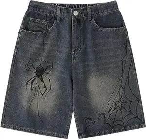 CUTEGAL Unisex Jorts Women Mid Rise Spider Denim Shorts Wide Leg Baggy Jeans Men Casual Streetwear Y2k Pants