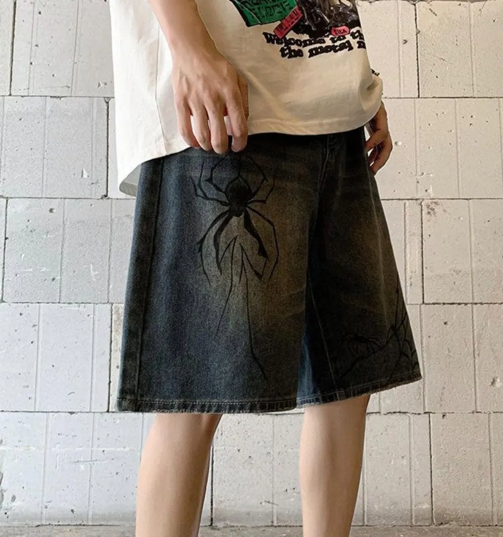 CUTEGAL Unisex Jorts Women Mid Rise Spider Denim Shorts Wide Leg Baggy Jeans Men Casual Streetwear Y2k Pants