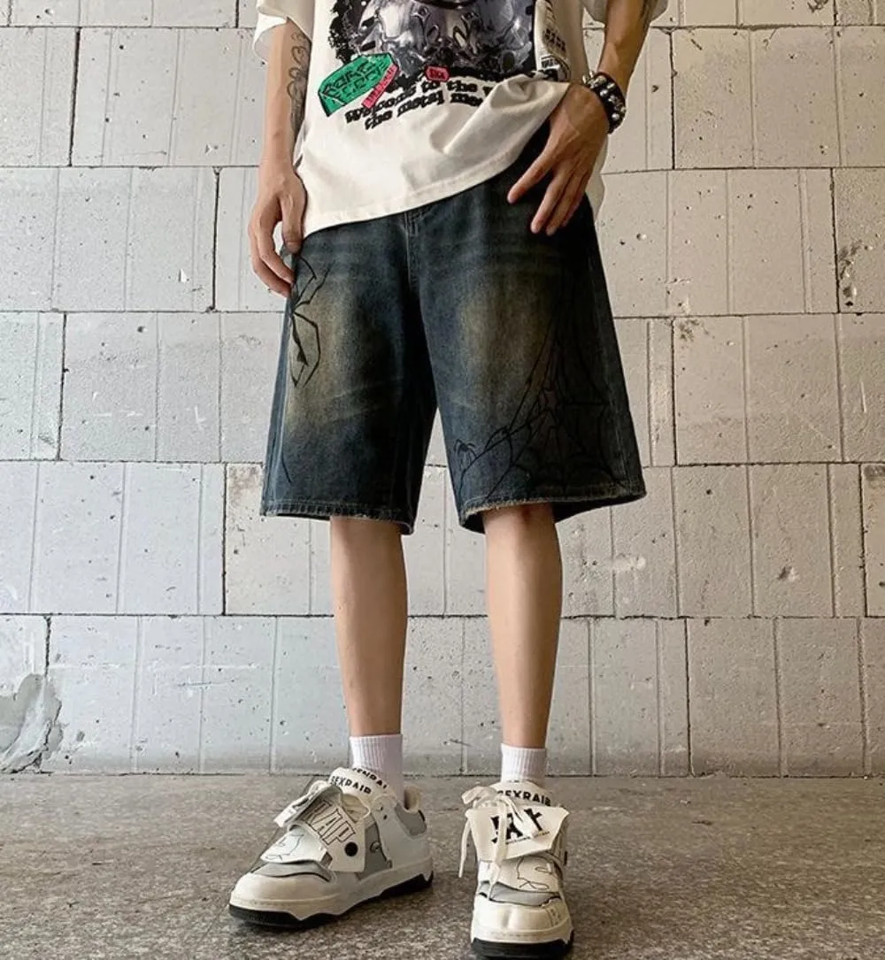 CUTEGAL Unisex Jorts Women Mid Rise Spider Denim Shorts Wide Leg Baggy Jeans Men Casual Streetwear Y2k Pants