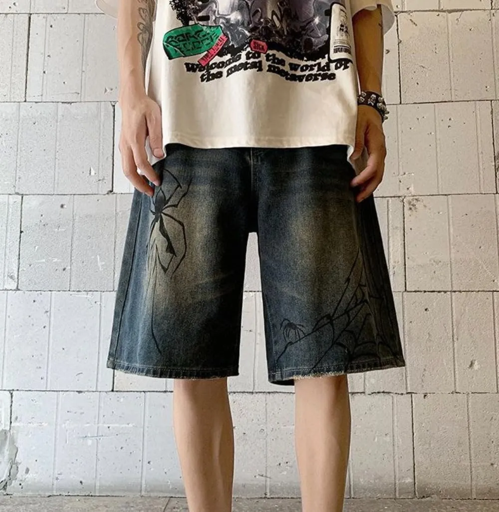 CUTEGAL Unisex Jorts Women Mid Rise Spider Denim Shorts Wide Leg Baggy Jeans Men Casual Streetwear Y2k Pants