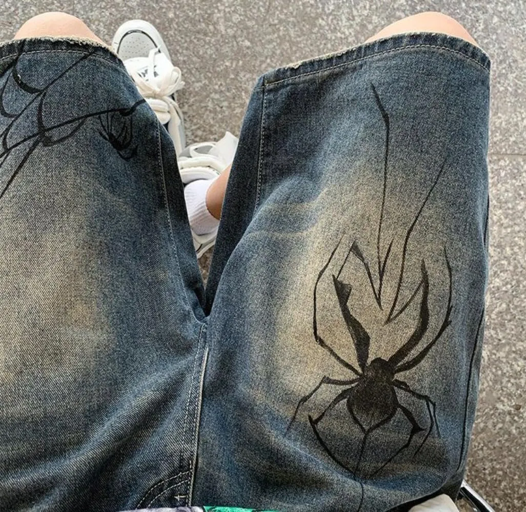 CUTEGAL Unisex Jorts Women Mid Rise Spider Denim Shorts Wide Leg Baggy Jeans Men Casual Streetwear Y2k Pants