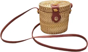 Cylindrical Rattan Bag for Women，Purely handmade,Cylindrical rattan crossbody beach bag,Bohemian style,5.2X5.2inch