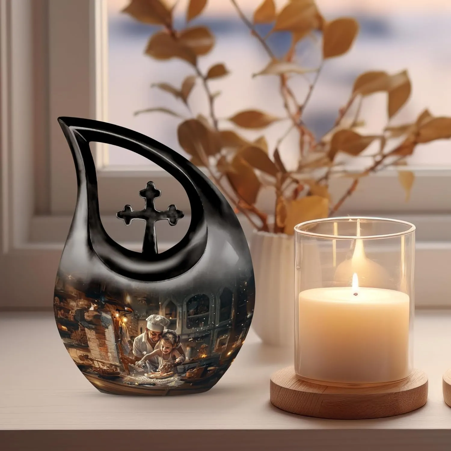 Dad Teaching Urn for Ashes for Women and Men 10 Inch - Cross Drop Burial Urns for Cremated Remains - Funeral Decorative Urns for Adult Ashes - Large Urn for with Velvet Bag
