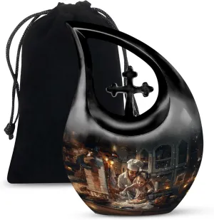 Dad Teaching Urn for Ashes for Women and Men 10 Inch - Cross Drop Burial Urns for Cremated Remains - Funeral Decorative Urns for Adult Ashes - Large Urn for with Velvet Bag