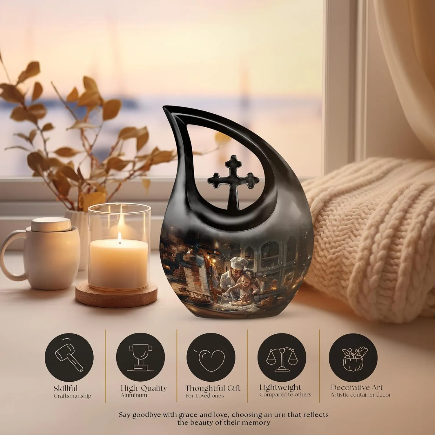 Dad Teaching Urn for Ashes for Women and Men 10 Inch - Cross Drop Burial Urns for Cremated Remains - Funeral Decorative Urns for Adult Ashes - Large Urn for with Velvet Bag