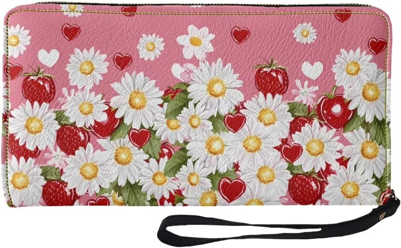Daisy Strawberry Wallets for Women PU Leather Credit Card Holder Large Capacity Wristlet
