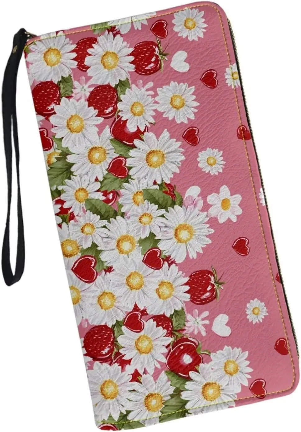 Daisy Strawberry Wallets for Women PU Leather Credit Card Holder Large Capacity Wristlet