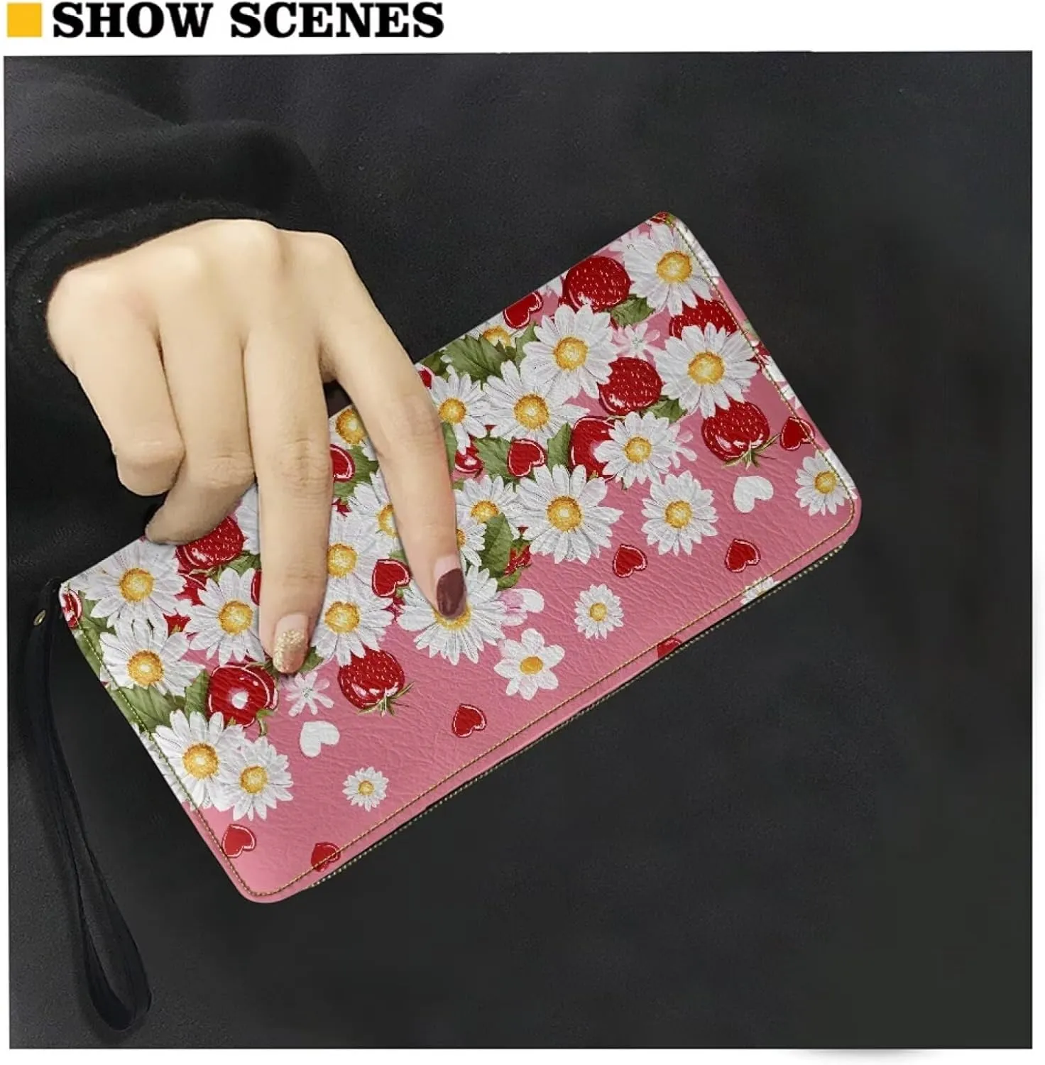 Daisy Strawberry Wallets for Women PU Leather Credit Card Holder Large Capacity Wristlet