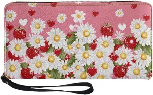 Daisy Strawberry Wallets for Women PU Leather Credit Card Holder Large Capacity Wristlet