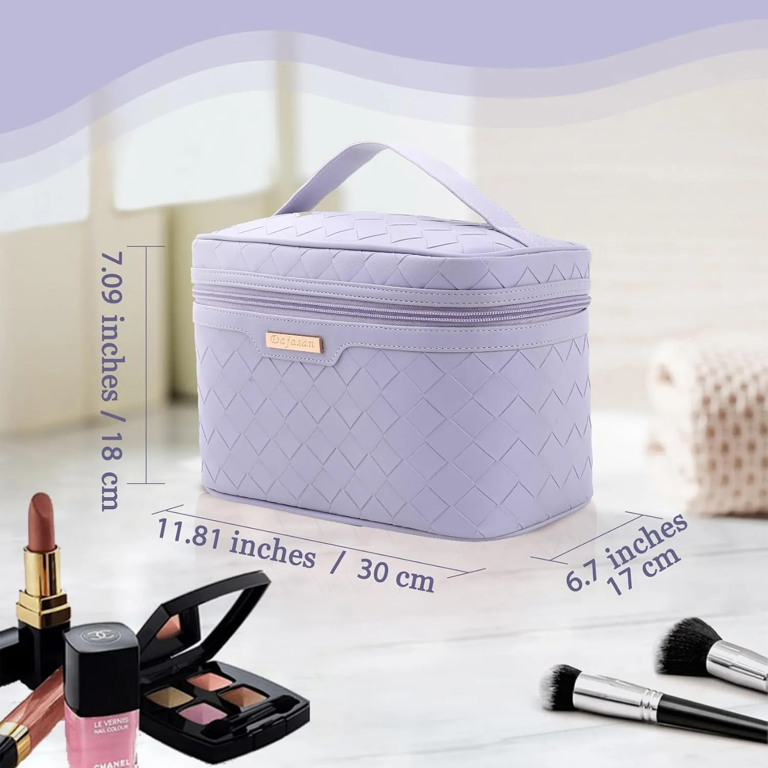 Dajasan Makeup Bag, Travel Cosmetic Bag for Girls Women, Large Capacity Makeup Organizer Case, Travel Toiletry Bag, PU Leather Waterproof 11.81 x 6.7 x 7.09 Inch (Purple)