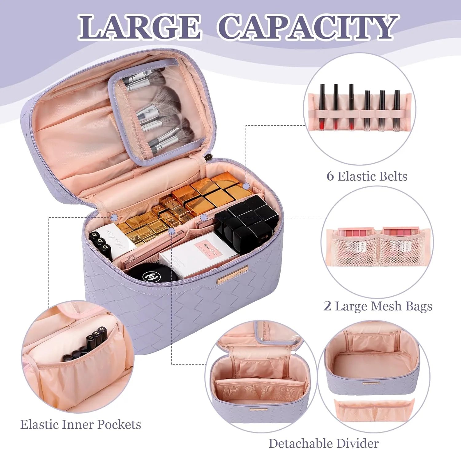 Dajasan Makeup Bag, Travel Cosmetic Bag for Girls Women, Large Capacity Makeup Organizer Case, Travel Toiletry Bag, PU Leather Waterproof 11.81 x 6.7 x 7.09 Inch (Purple)