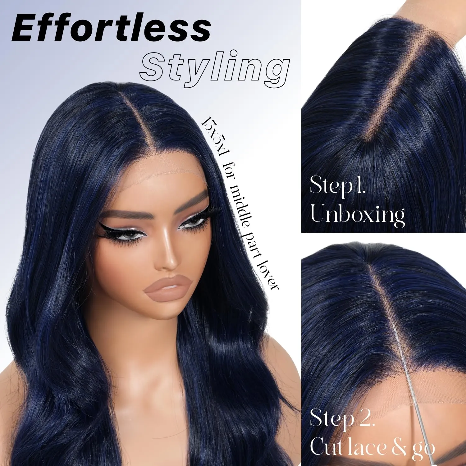 Dark Blue Synthetic Lace Front Wigs Body Wave Glueless Wigs With Bangs Pre Plucked Pre Cut HD Lace 13x5x1 Middle Part Wigs For Woman 26 Inch