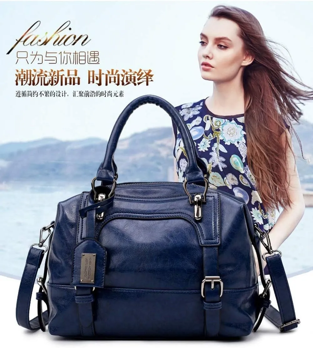 Dayfine Women's Retro Oil Wax Soft Leather Simple Single Shoulder Boston Bag Portable Oblique Satchel