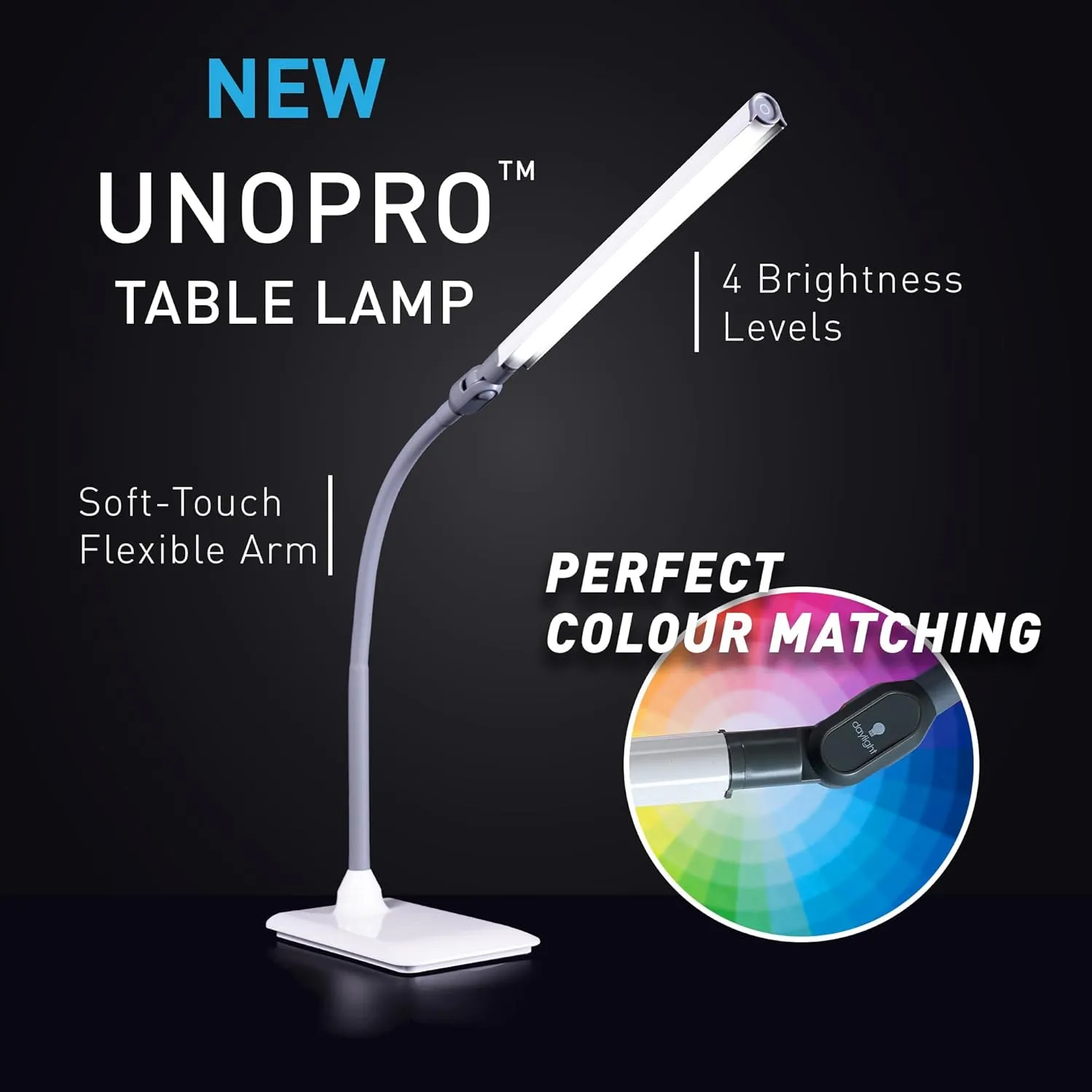 daylight Company Uno Pro Table Lamp, Standing Lamp for Living Room, Bedroom, Salon, Office, Touch Control, Flexible Arm, Sleek Design, Multipurpose