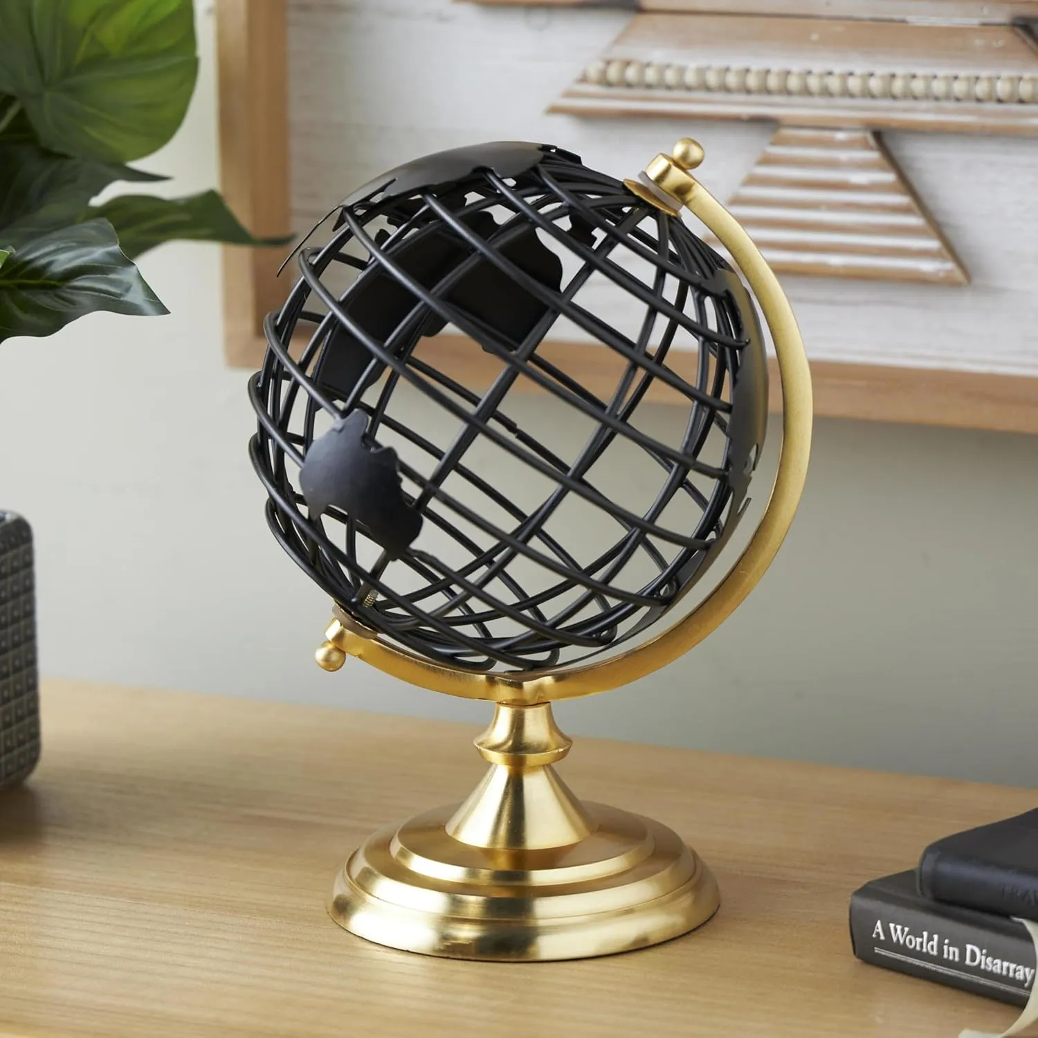 Deco 79 Aluminum Metal Open Framed World Globe with Wire Exterior and Gold Base, 8" x 8" x 13", Black