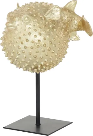 Deco 79 Polyresin Blowfish Handmade Decorative Sculpture Spiked Home Decor Statue with Stand, Accent Figurine 7" x 5" x 9", Gold