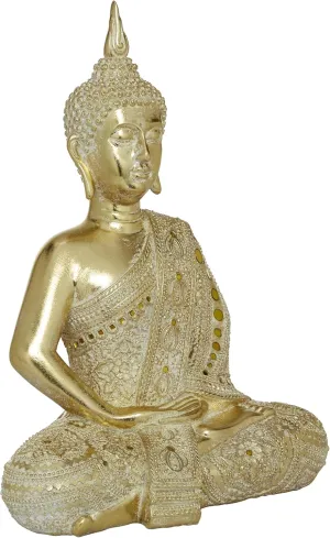 Deco 79 Polystone Buddha Decorative Sculpture Meditating Carved Home Decor Statue with Intricate Carvings and Mirrored Embellishments, Accent Figurine 14" x 9" x 20", Gold