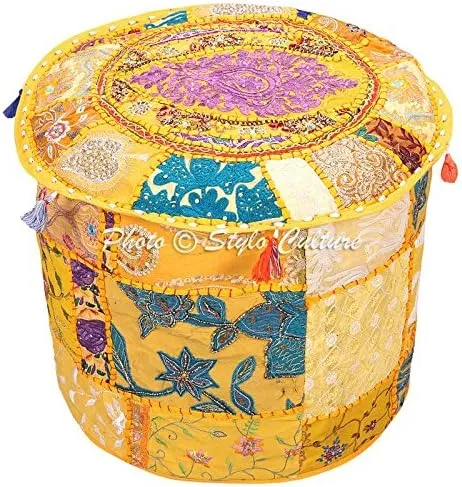 Decorative Indian Patchwork Pouf Cover Round Embroidered Pouffe Ottoman Yellow Cotton Floral Traditional Furniture Footstool Seat Puff (22x22x14) Bean Bag Home Decor