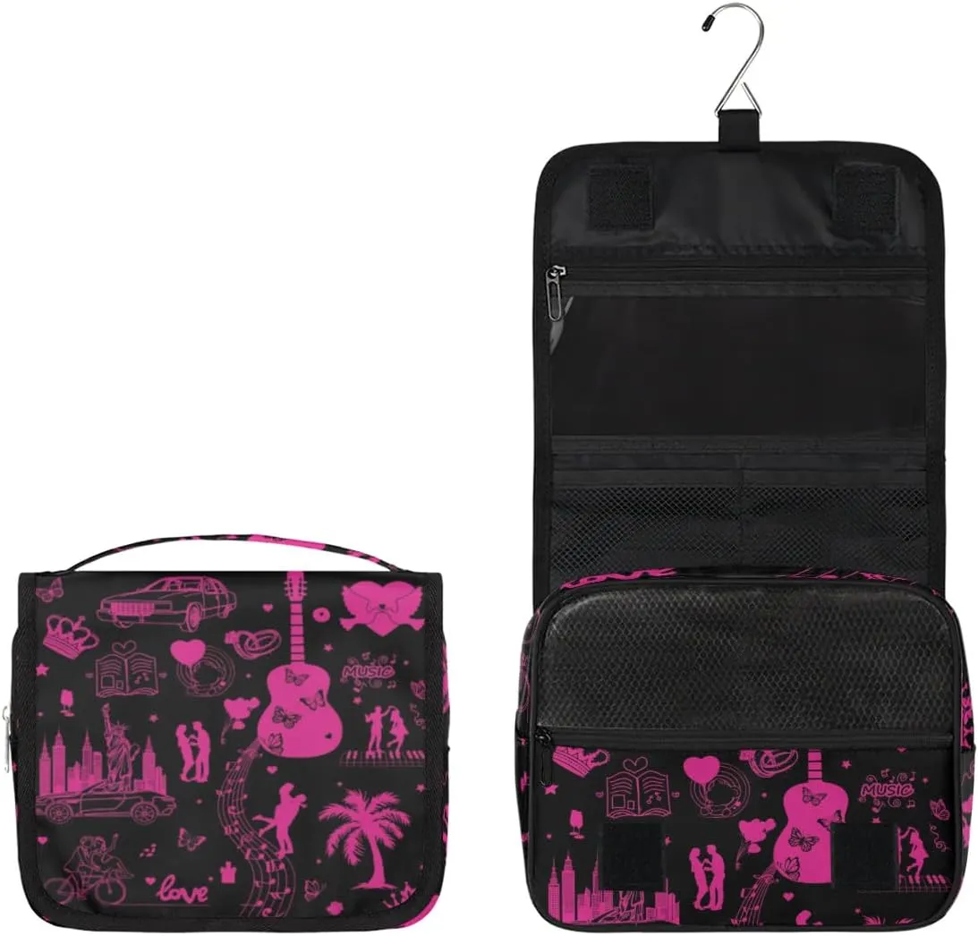 DeepPink Painting Travel Toiletry Bag with Hanging Hook for Women and Girls, Guitar Music Cosmetic Makeup Case Organizer for Accessories, Shampoo, Full Sized Container, Toiletries