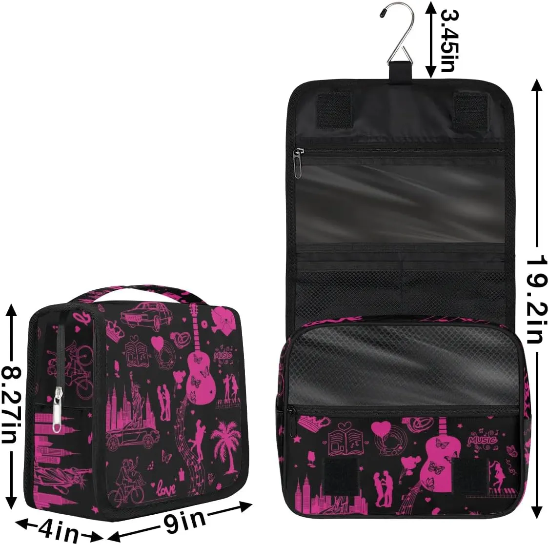 DeepPink Painting Travel Toiletry Bag with Hanging Hook for Women and Girls, Guitar Music Cosmetic Makeup Case Organizer for Accessories, Shampoo, Full Sized Container, Toiletries