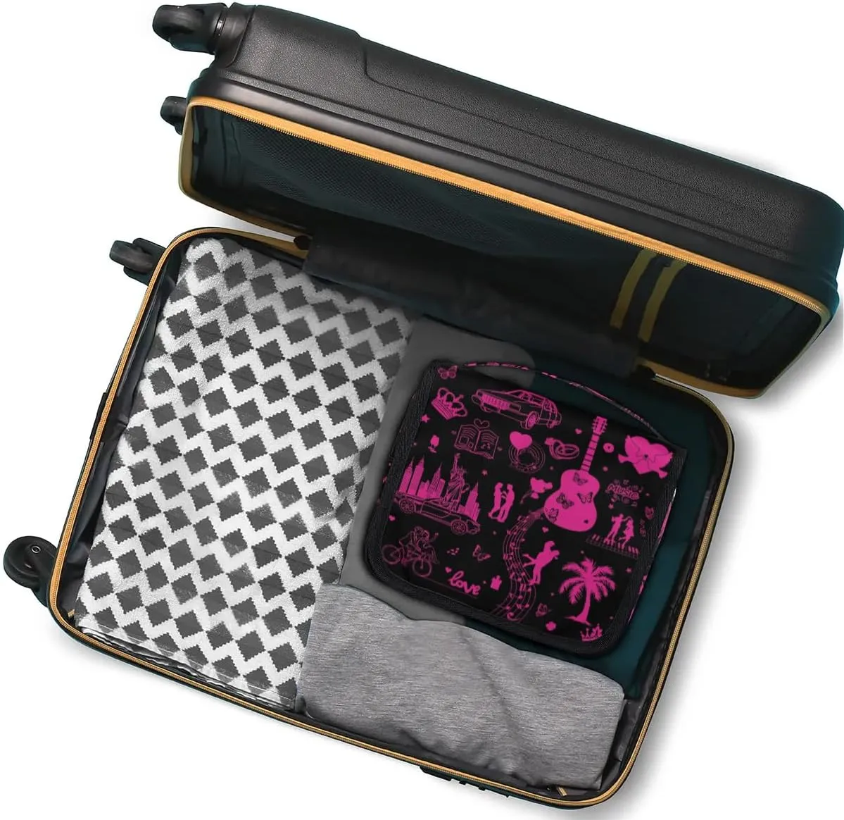 DeepPink Painting Travel Toiletry Bag with Hanging Hook for Women and Girls, Guitar Music Cosmetic Makeup Case Organizer for Accessories, Shampoo, Full Sized Container, Toiletries