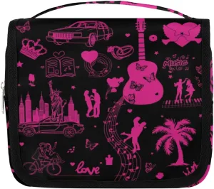 DeepPink Painting Travel Toiletry Bag with Hanging Hook for Women and Girls, Guitar Music Cosmetic Makeup Case Organizer for Accessories, Shampoo, Full Sized Container, Toiletries