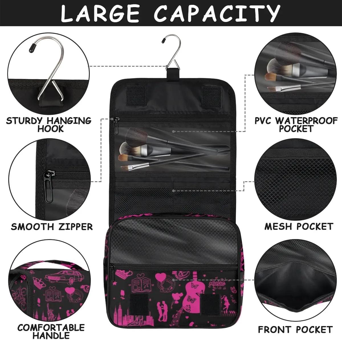 DeepPink Painting Travel Toiletry Bag with Hanging Hook for Women and Girls, Guitar Music Cosmetic Makeup Case Organizer for Accessories, Shampoo, Full Sized Container, Toiletries