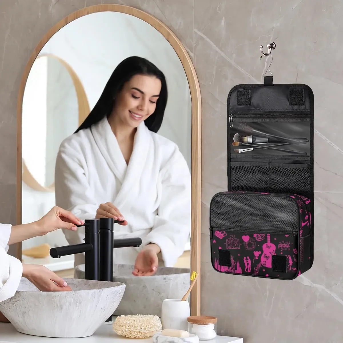 DeepPink Painting Travel Toiletry Bag with Hanging Hook for Women and Girls, Guitar Music Cosmetic Makeup Case Organizer for Accessories, Shampoo, Full Sized Container, Toiletries