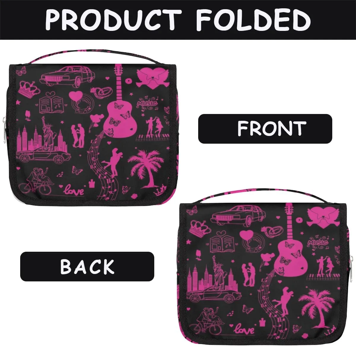 DeepPink Painting Travel Toiletry Bag with Hanging Hook for Women and Girls, Guitar Music Cosmetic Makeup Case Organizer for Accessories, Shampoo, Full Sized Container, Toiletries