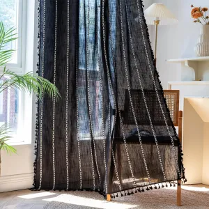 Deeprove Black Boho Curtains 72 inches Long for Bedroom, Vintage Bohemian Embroidery Farmhouse Cotton Linen French Country Tassel Window Treatments Gothic Halloween Decor, W52 x L72, 1 Panel