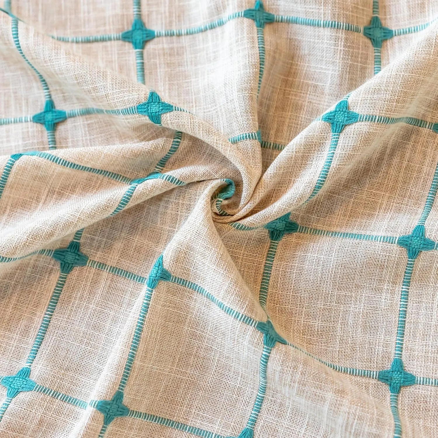 Deeprove Boho Curtains 72 Inches Long for Laundry Room Classroom, Linen Plaids Turquoise Embroidery Semi Blackout Bohemian Farmhouse Window Treatment Grids Drape Tassels, 1 Panel W52 x L72 Beige