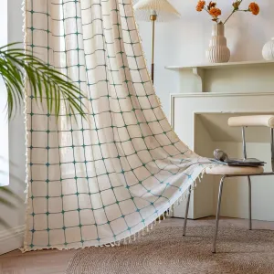Deeprove Boho Curtains 72 Inches Long for Laundry Room Classroom, Linen Plaids Turquoise Embroidery Semi Blackout Bohemian Farmhouse Window Treatment Grids Drape Tassels, 1 Panel W52 x L72 Beige