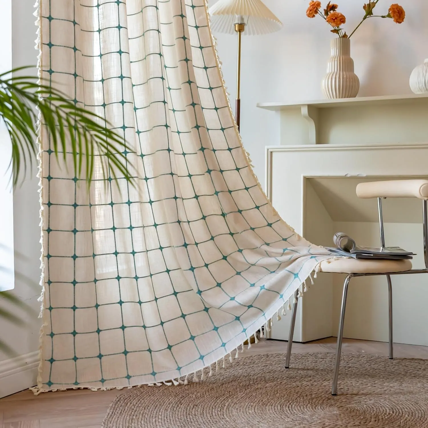 Deeprove Boho Curtains 72 Inches Long for Laundry Room Classroom, Linen Plaids Turquoise Embroidery Semi Blackout Bohemian Farmhouse Window Treatment Grids Drape Tassels, 1 Panel W52 x L72 Beige
