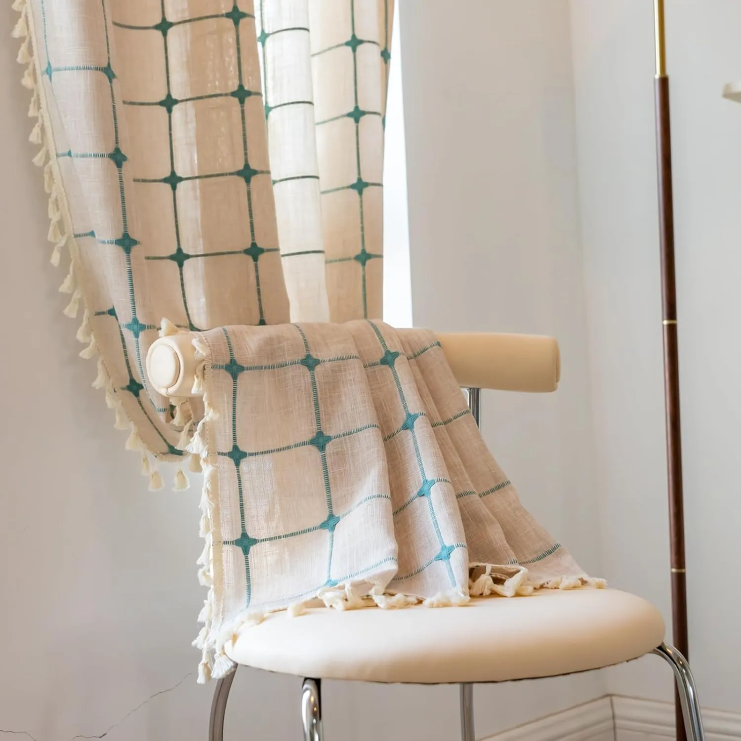 Deeprove Boho Curtains 72 Inches Long for Laundry Room Classroom, Linen Plaids Turquoise Embroidery Semi Blackout Bohemian Farmhouse Window Treatment Grids Drape Tassels, 1 Panel W52 x L72 Beige
