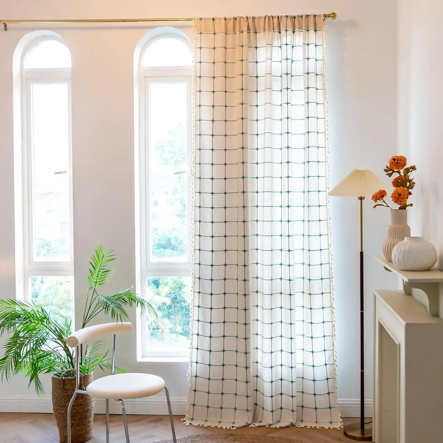 Deeprove Boho Curtains 72 Inches Long for Laundry Room Classroom, Linen Plaids Turquoise Embroidery Semi Blackout Bohemian Farmhouse Window Treatment Grids Drape Tassels, 1 Panel W52 x L72 Beige