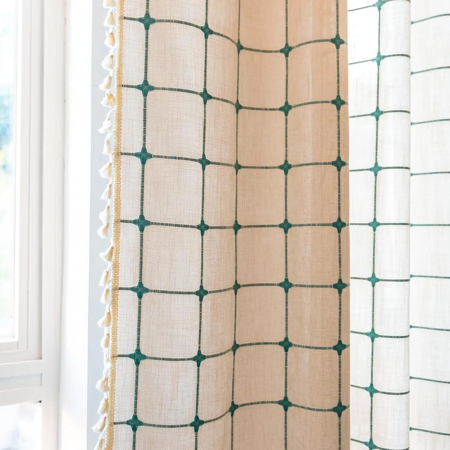 Deeprove Boho Curtains 72 Inches Long for Laundry Room Classroom, Linen Plaids Turquoise Embroidery Semi Blackout Bohemian Farmhouse Window Treatment Grids Drape Tassels, 1 Panel W52 x L72 Beige
